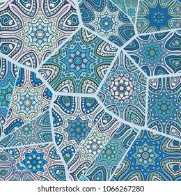 Vector patchwork quilt pattern. Vintage decorative elements. Hand drawn background. Indian, Arabic, Turkish motifs for printing on fabric or paper. Abstract colorful doodle pattern in mosaic style