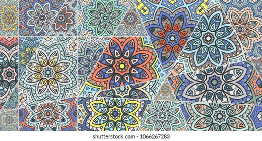 Vector patchwork quilt pattern. Vintage decorative elements. Hand drawn background. Indian, Arabic, Turkish motifs for printing on fabric or paper. Abstract colorful doodle pattern in mosaic style
