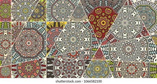 Vector patchwork quilt pattern. Vintage decorative elements. Hand drawn background. Indian, Arabic, Turkish motifs for printing on fabric or paper. Abstract colorful doodle pattern in mosaic style