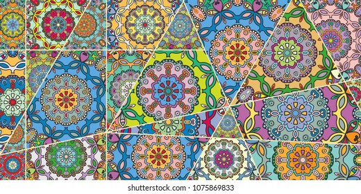 Vector patchwork quilt pattern. Vintage decorative elements. Hand drawn background. Indian, Arabic, Turkish motifs for printing on fabric or paper. Abstract colorful doodle pattern in mosaic style