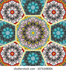 Vector patchwork quilt pattern. Vintage decorative elements. Hand drawn background. Indian, Arabic, Turkish motifs for printing on fabric or paper. Abstract colorful doodle pattern in mosaic style