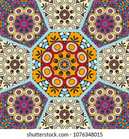 Vector patchwork quilt pattern. Vintage decorative elements. Hand drawn background. Indian, Arabic, Turkish motifs for printing on fabric or paper. Abstract colorful doodle pattern in mosaic style