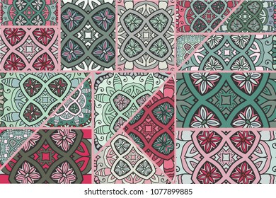 Vector patchwork quilt pattern. Vintage decorative elements. Hand drawn background. Indian, Arabic, Turkish motifs for printing on fabric or paper. Abstract colorful doodle pattern in mosaic style