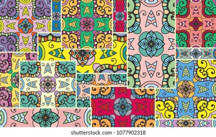 Vector patchwork quilt pattern. Vintage decorative elements. Hand drawn background. Indian, Arabic, Turkish motifs for printing on fabric or paper. Abstract colorful doodle pattern in mosaic style