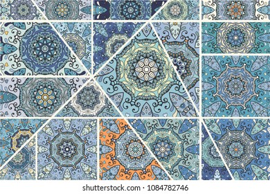 Vector patchwork quilt pattern. Vintage decorative elements. Hand drawn background. Indian, Arabic, Turkish motifs for printing on fabric or paper. Abstract colorful doodle pattern in mosaic style