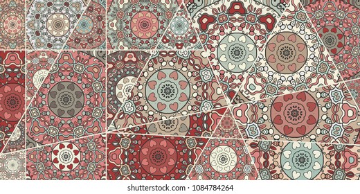 Vector patchwork quilt pattern. Vintage decorative elements. Hand drawn background. Indian, Arabic, Turkish motifs for printing on fabric or paper. Abstract colorful doodle pattern in mosaic style