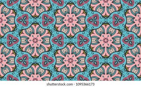 Vector patchwork quilt pattern. Vintage decorative elements. Hand drawn background. Indian, Arabic, Turkish motifs for printing on fabric or paper. Abstract colorful seamless pattern in mosaic style
