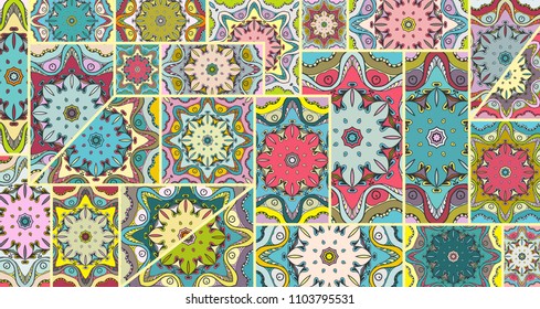 Vector patchwork quilt pattern. Vintage decorative elements. Hand drawn background. Indian, Arabic, Turkish motifs for printing on fabric or paper. Abstract colorful doodle pattern in mosaic style