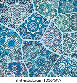 Vector patchwork quilt pattern. Vintage decorative collage. Hand drawn background. Indian, Arabic, Turkish motifs for printing on fabric or paper. Abstract colorful doodle pattern in mosaic style