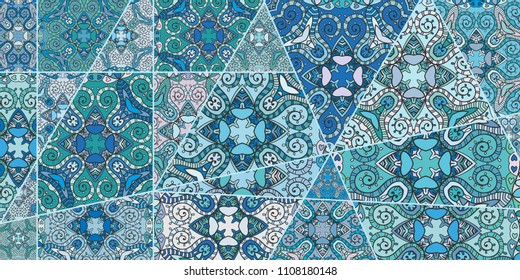 Vector patchwork quilt pattern. Vintage decorative collage. Hand drawn background. Indian, Arabic, Turkish motifs for printing on fabric or paper. Abstract colorful doodle pattern in mosaic style