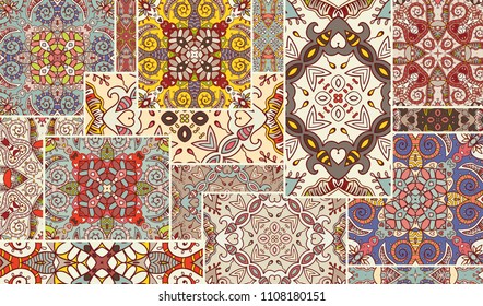 Vector patchwork quilt pattern. Vintage decorative collage. Hand drawn background. Indian, Arabic, Turkish motifs for printing on fabric or paper. Abstract colorful doodle pattern in mosaic style