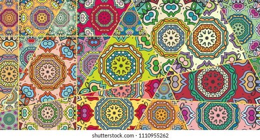 Vector patchwork quilt pattern. Vintage decorative collage. Hand drawn background. Indian, Arabic, Turkish motifs for printing on fabric or paper. Abstract colorful doodle pattern in mosaic style