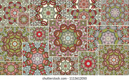 Vector patchwork quilt pattern. Vintage decorative collage. Hand drawn background. Indian, Arabic, Turkish motifs for printing on fabric or paper. Abstract colorful doodle pattern in mosaic style