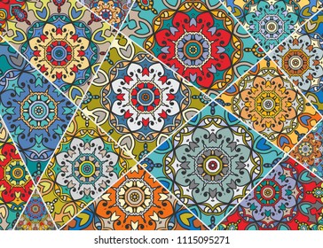 Vector patchwork quilt pattern. Vintage decorative elements. Hand drawn background. Indian, Arabic, Turkish motifs for printing on fabric or paper. Abstract colorful doodle pattern in mosaic style