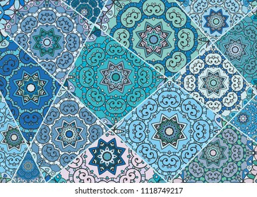 Vector patchwork quilt pattern. Vintage decorative elements. Hand drawn background. Indian, Arabic, Turkish motifs for printing on fabric or paper. Abstract colorful doodle pattern in mosaic style