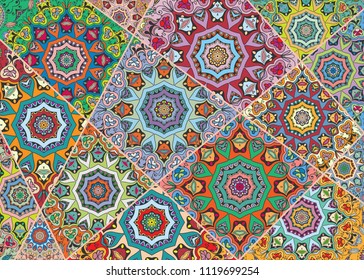 Vector patchwork quilt pattern. Vintage decorative elements. Hand drawn background. Indian, Arabic, Turkish motifs for printing on fabric or paper. Abstract colorful doodle pattern in mosaic style