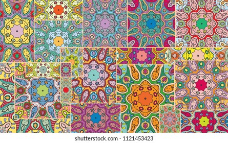 Vector patchwork quilt pattern. Vintage decorative elements. Hand drawn background. Indian, Arabic, Turkish motifs for printing on fabric or paper. Abstract colorful doodle pattern in mosaic style