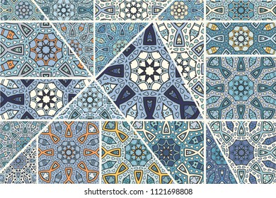 Vector patchwork quilt pattern. Vintage decorative elements. Hand drawn background. Indian, Arabic, Turkish motifs for printing on fabric or paper. Abstract colorful doodle pattern in mosaic style
