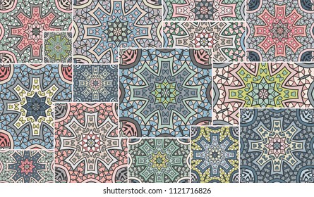 Vector patchwork quilt pattern. Vintage decorative elements. Hand drawn background. Indian, Arabic, Turkish motifs for printing on fabric or paper. Abstract colorful doodle pattern in mosaic style
