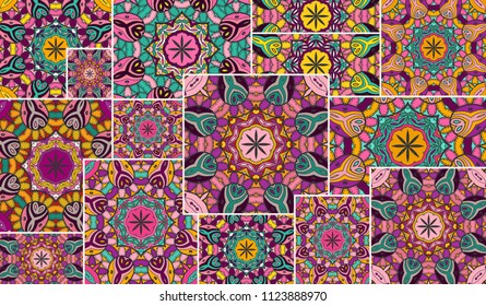 Vector patchwork quilt pattern. Vintage decorative collage. Hand drawn background. Indian, Arabic, Turkish motifs for printing on fabric or paper. Abstract colorful doodle pattern in mosaic style