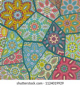 Vector patchwork quilt pattern. Vintage decorative elements. Hand drawn background. Indian, Arabic, Turkish motifs for printing on fabric or paper. Abstract colorful doodle pattern in mosaic style