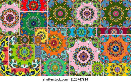 Vector patchwork quilt pattern. Vintage decorative collage. Hand drawn background. Indian, Arabic, Turkish motifs for printing on fabric or paper. Abstract colorful doodle pattern in mosaic style