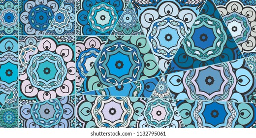 Vector patchwork quilt pattern. Vintage decorative collage. Hand drawn background. Indian, Arabic, Turkish motifs for printing on fabric or paper. Abstract colorful doodle pattern in mosaic style