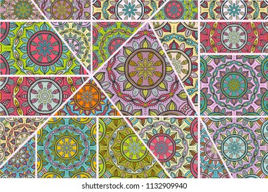Vector patchwork quilt pattern. Vintage decorative collage. Hand drawn background. Indian, Arabic, Turkish motifs for printing on fabric or paper. Abstract colorful doodle pattern in mosaic style