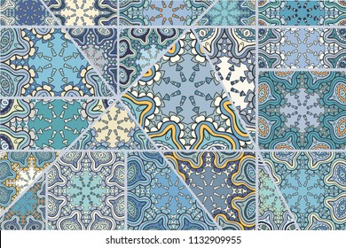 Vector patchwork quilt pattern. Vintage decorative collage. Hand drawn background. Indian, Arabic, Turkish motifs for printing on fabric or paper. Abstract colorful doodle pattern in mosaic style
