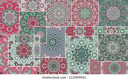 Vector patchwork quilt pattern. Vintage decorative collage. Hand drawn background. Indian, Arabic, Turkish motifs for printing on fabric or paper. Abstract colorful doodle pattern in mosaic style