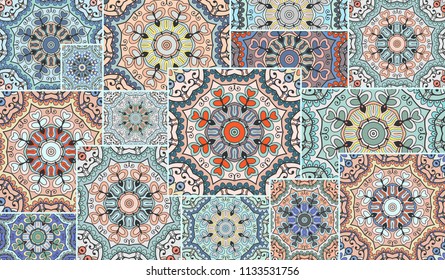 Vector patchwork quilt pattern. Vintage decorative collage. Hand drawn background. Indian, Arabic, Turkish motifs for printing on fabric or paper. Abstract colorful doodle pattern in mosaic style