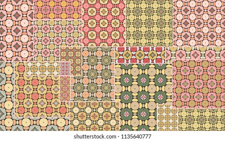 Vector patchwork quilt pattern. Vintage decorative collage. Colorful ornamental background. Indian, Arabic, Turkish motifs for printing on fabric or paper. Abstract doodle pattern in mosaic style