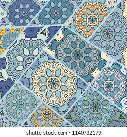 Vector patchwork quilt pattern. Vintage decorative collage. Hand drawn background. Indian, Arabic, Turkish motifs for printing on fabric or paper. Abstract colorful doodle pattern in mosaic style