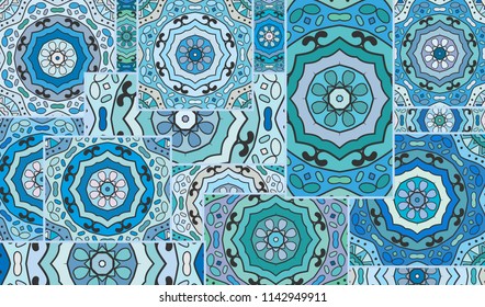 Vector patchwork quilt pattern. Vintage decorative collage. Hand drawn background. Indian, Arabic, Turkish motifs for printing on fabric or paper. Abstract colorful doodle pattern in mosaic style
