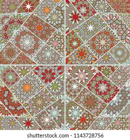 Vector patchwork quilt pattern. Vintage decorative collage. Hand drawn background. Indian, Arabic, Turkish motifs for printing on fabric or paper. Abstract colorful doodle pattern in mosaic style
