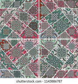 Vector patchwork quilt pattern. Vintage decorative collage. Hand drawn background. Indian, Arabic, Turkish motifs for printing on fabric or paper. Abstract colorful doodle pattern in mosaic style