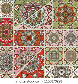 Vector patchwork quilt pattern. Vintage decorative collage. Hand drawn background. Indian, Arabic, Turkish motifs for printing on fabric or paper. Abstract colorful doodle pattern in mosaic style