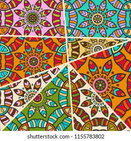 Vector patchwork quilt pattern. Vintage decorative collage. Hand drawn background. Indian, Arabic, Turkish motifs for printing on fabric or paper. Abstract colorful doodle pattern in mosaic style