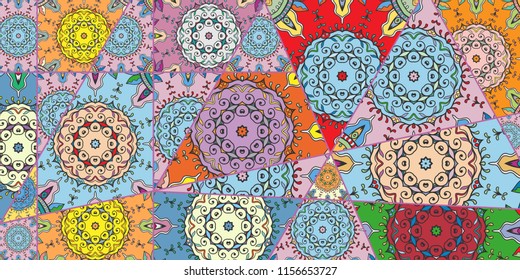 Vector patchwork quilt pattern. Vintage decorative collage. Hand drawn background. Indian, Arabic, Turkish motifs for printing on fabric or paper. Abstract colorful doodle pattern in mosaic style