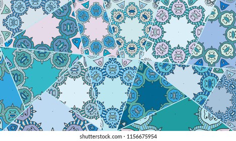 Vector patchwork quilt pattern. Vintage decorative collage. Hand drawn background. Indian, Arabic, Turkish motifs for printing on fabric or paper. Abstract colorful doodle pattern in mosaic style