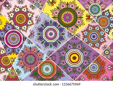Vector patchwork quilt pattern. Vintage decorative collage. Hand drawn background. Indian, Arabic, Turkish motifs for printing on fabric or paper. Abstract colorful doodle pattern in mosaic style