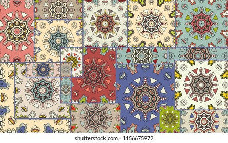 Vector patchwork quilt pattern. Vintage decorative collage. Hand drawn background. Indian, Arabic, Turkish motifs for printing on fabric or paper. Abstract colorful doodle pattern in mosaic style