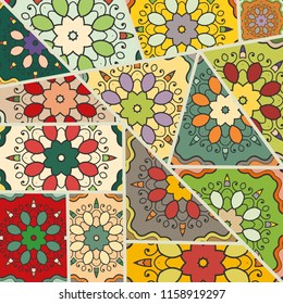 Vector patchwork quilt pattern. Vintage decorative collage. Hand drawn background. Indian, Arabic, Turkish motifs for printing on fabric or paper. Abstract colorful doodle pattern in mosaic style