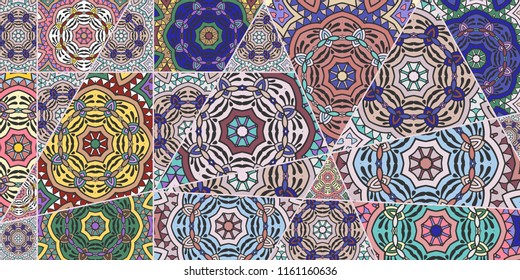 Vector patchwork quilt pattern. Vintage decorative collage. Hand drawn background. Indian, Arabic, Turkish motifs for printing on fabric or paper. Abstract colorful doodle pattern in mosaic style