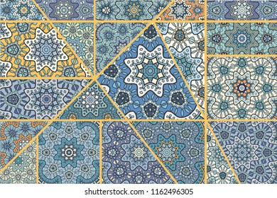 Vector patchwork quilt pattern. Vintage decorative collage. Hand drawn background. Indian, Arabic, Turkish motifs for printing on fabric or paper. Abstract colorful doodle pattern in mosaic style