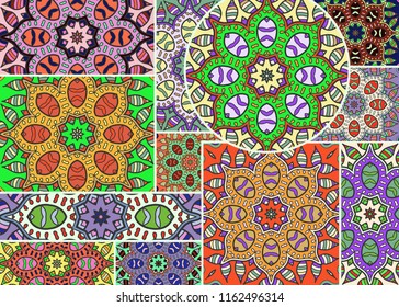 Vector patchwork quilt pattern. Vintage decorative collage. Hand drawn background. Indian, Arabic, Turkish motifs for printing on fabric or paper. Abstract colorful doodle pattern in mosaic style