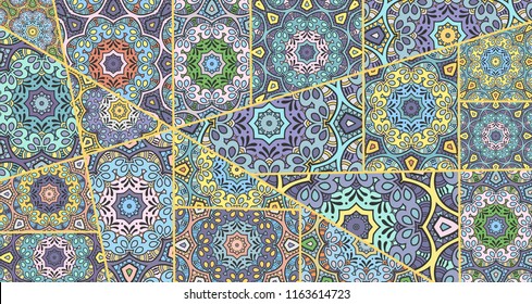 Vector patchwork quilt pattern. Vintage decorative collage. Hand drawn background. Indian, Arabic, Turkish motifs for printing on fabric or paper. Abstract colorful doodle pattern in mosaic style