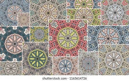 Vector patchwork quilt pattern. Vintage decorative collage. Hand drawn background. Indian, Arabic, Turkish motifs for printing on fabric or paper. Abstract colorful doodle pattern in mosaic style