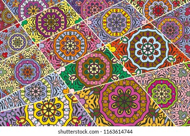 Vector patchwork quilt pattern. Vintage decorative collage. Hand drawn background. Indian, Arabic, Turkish motifs for printing on fabric or paper. Abstract colorful doodle pattern in mosaic style