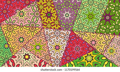 Vector patchwork quilt pattern. Vintage decorative collage. Hand drawn background. Indian, Arabic, Turkish motifs for printing on fabric or paper. Abstract colorful doodle pattern in mosaic style